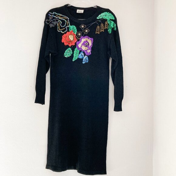 Mr Noah Sequined Floral Dress with Shoulder Pads, 1980s - Picture 1 of 11